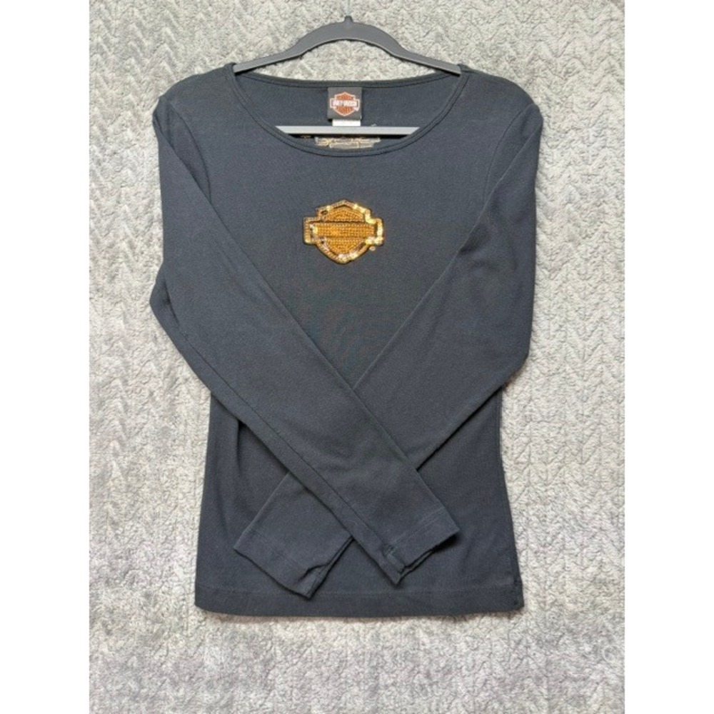 Harley-Davidson Womens Black Ribbed Long Sleeve Sequin Logo Naples FL Med 0722